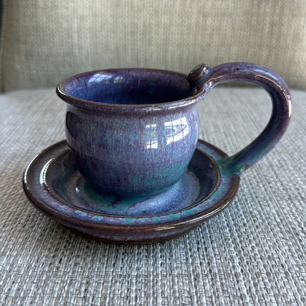 Pigeon Forge Pottery Lavender & Turquoise Candle Holder Signed by Cliff Losee